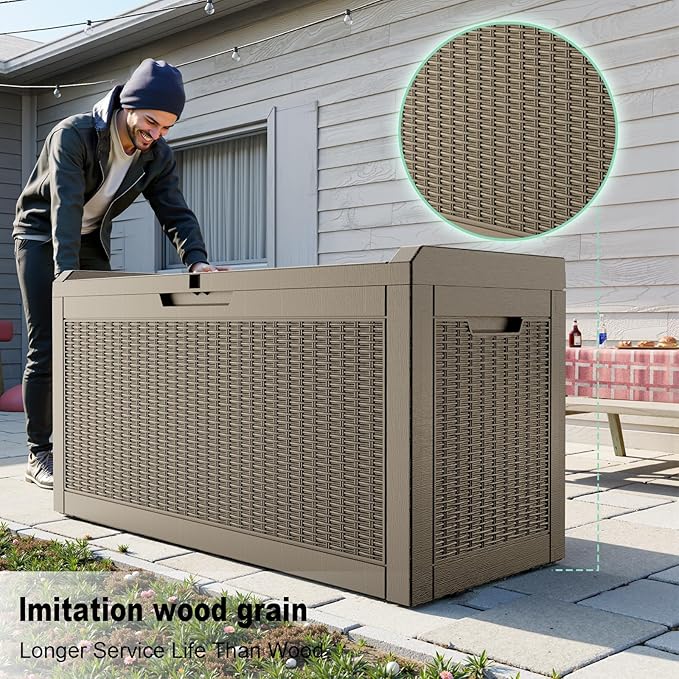 60 Gallon Deck Box,Resin Outdoor Storage Box with Lockable for Patio Furniture, Pool Accessories, Garden Tools, Waterproof Outside Storage Box, Grey Pattern