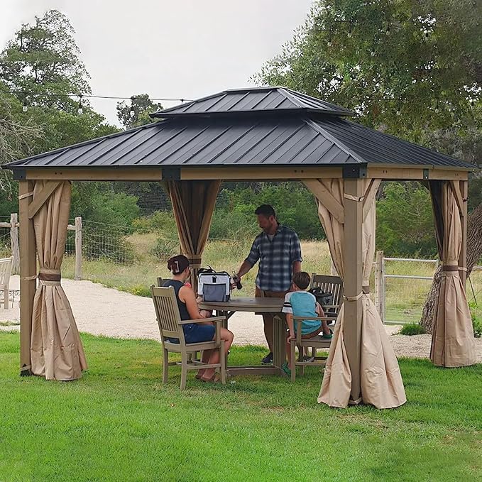 CHARMELEON Cedar Wood Gazebo 10x12 ft – Gazebo Wooden with Double Metal Roof – Hardtop Gazebo Kits with Mosquito Netting & Curtains – Wood Frame Gazebos Pavilion for Outdoor, Patio, Backyard and Deck
