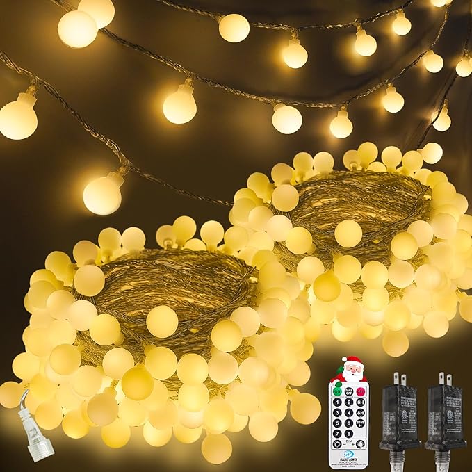 2-Pack Connectable Globe String Lights | Total 86FT 200LED Warm White Christmas