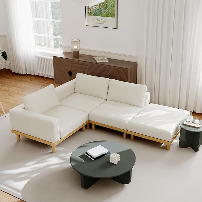 Acanva Minimalist Modular Sectional Sofa for Living Room, Wide & Deep Seat Convertible Furniture Set with Metal Frame and Movable Covers, L-Shaped Couch, Off White