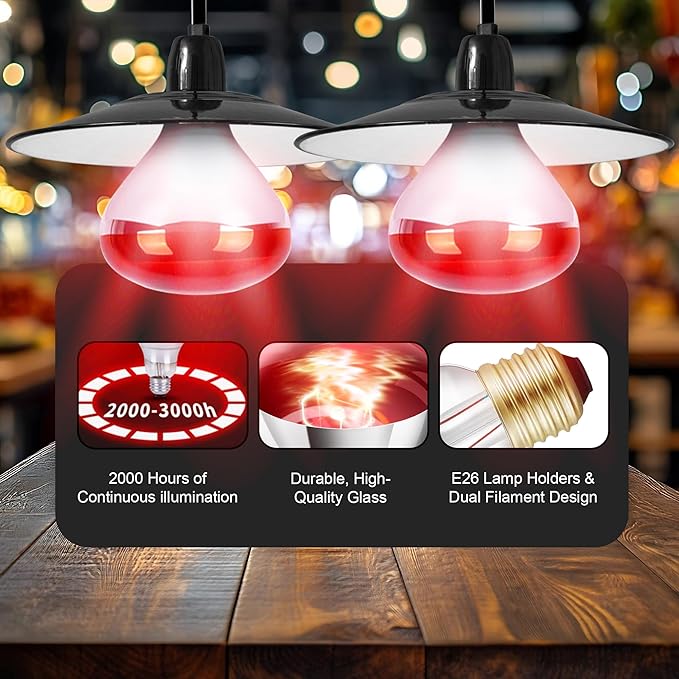 250W R40 Red Heat Lamp Bulbs (4-Pack), Infrared Heat Bulbs, Infrared Therapy Bulbs for Bathroom, Sauna, Pets & Chickens, 2,000 Hour Rated, E26 Base