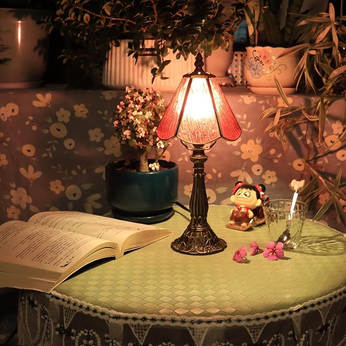 Small Tiffany Table Lamp Pink Bark Pattern Style Stained Glass Desk Lamps