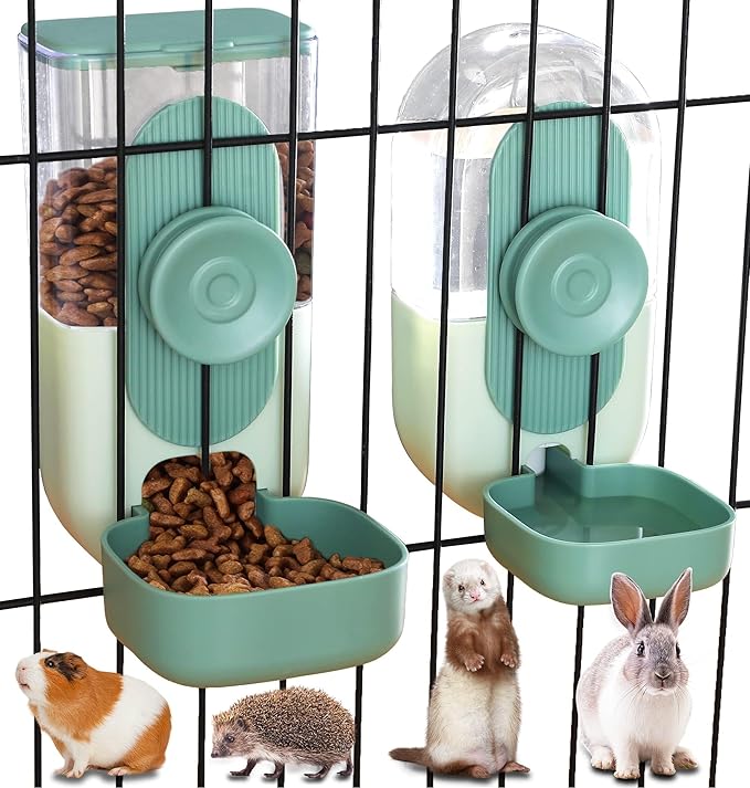 Kenond 35oz Hanging Automatic Pet Food Water Dispenser, Auto Gravity Pet Feeder and Waterer Set, Cage Cat Food Bowl Dog Feeding Station for Puppy and Kitten Rabbit Chinchilla Hedgehog Ferret (Green)
