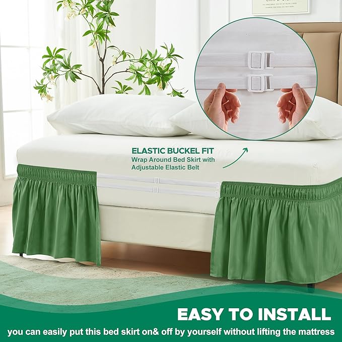 Biscaynebay Wrap Around Bed Skirts for King & Cal King Beds 17" Long Drop, Sage Adjustable Elastic Dust Ruffles Easy Fit Wrinkle Resistant Silky Luxurious Fabric Machine Washable