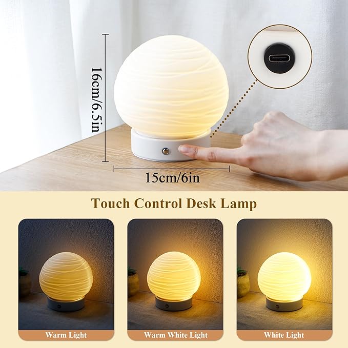 JHY DESIGN 3 Colors Bedside Rechargeable Table Lamp 6.5" H Globe Shade Battery