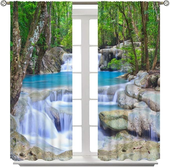 Forest Waterfall Blackout Curtains, Spring Nature Theme Natural Scenery Mountain Scenery Rod Pocket Window Drapes, for Bedroom Living Room 72" W X 63" L