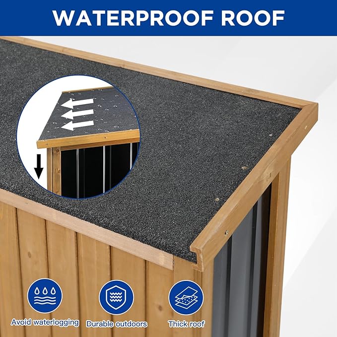 Outdoor Storage Cabinet Wood & Metal with Waterproof Roof, Garden Tool Shed with 3 Removable Shelves, 4 adjustable reinforced feet with metal brackets, 6 T-Hinge, magnetic door,15.6"D x 32.3"W x 66"H