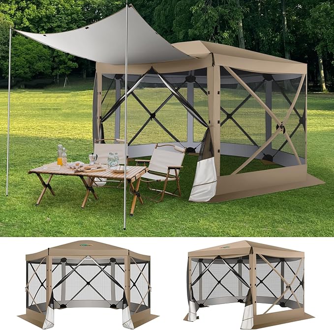 COBIZI 12x12 Pop up Gazebo Screen House Tent for Camping, Outdoor Canopy with Removable Roof&Mosquito Netting, Portable Hub with Carrying Bag and Ground Stakes, Khaki