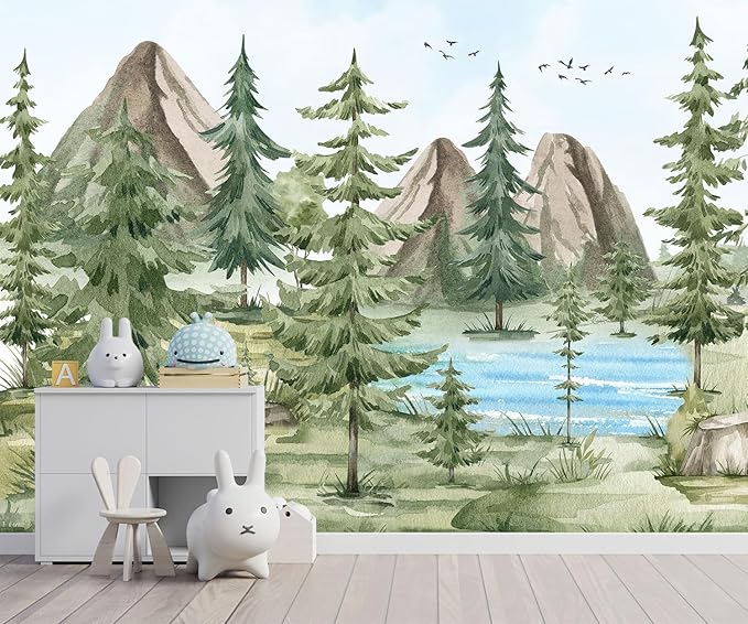 -Watercolor Green Pine Mural Cartoon Forest Fabric Wallpaper Children's Room 140" x 91"(Not Peel and Stick)