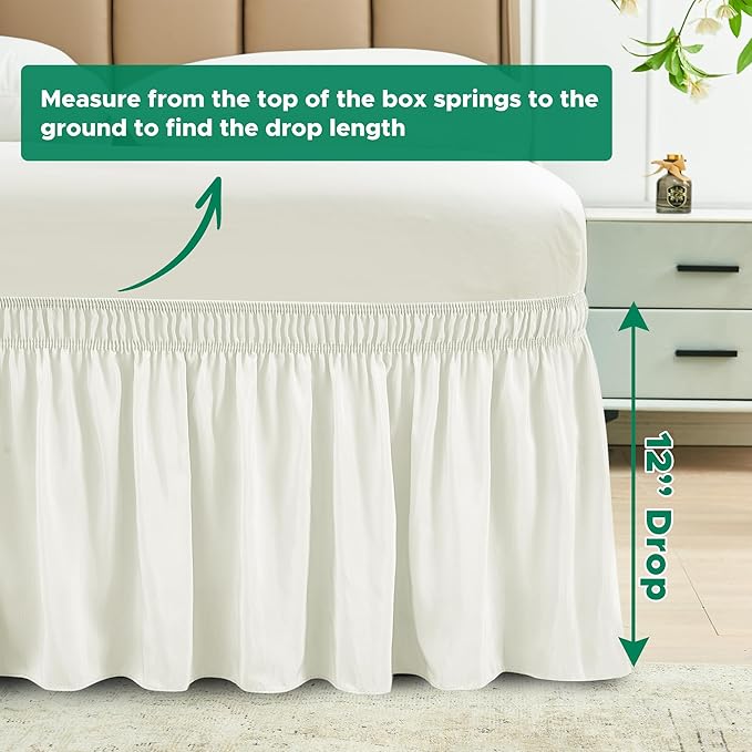 Biscaynebay Wrap Around Bed Skirts for King & Cal King Beds Short Drop of 12", Ivory Adjustable Elastic Dust Ruffles Easy Fit Wrinkle Resistant Silky Luxurious Fabric Machine Washable