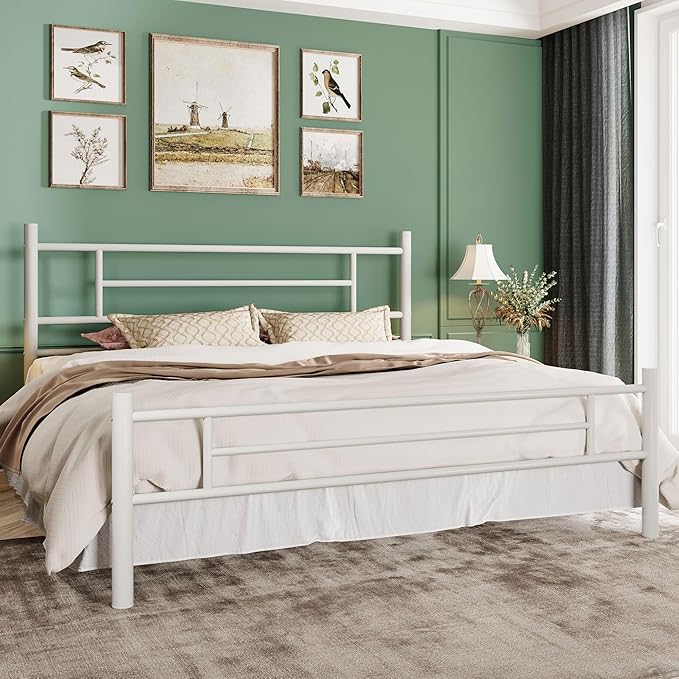 SHA CERLIN 14 Inch King Size Metal Bed Frame with Iron-Art Headboard and Footboard,Under Bed Storage Space,Platform Bed with Metal Slats Support,Easy Assembly,Noise Free,No Box Spring Needed,White