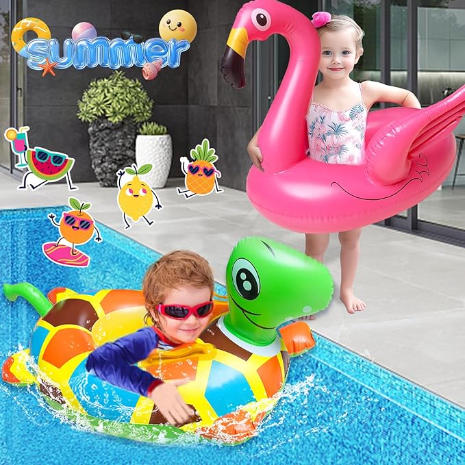 4 Pack Inflatable Pool Floats for Toddler Age 3-7 Animal Swim Tube Rings for Kids Infant Baby Ride on Beach Floaties with Safety Seat&Handle for Summer Lake Pool (Flamingo, Turtle, Whale, Dalmatian)
