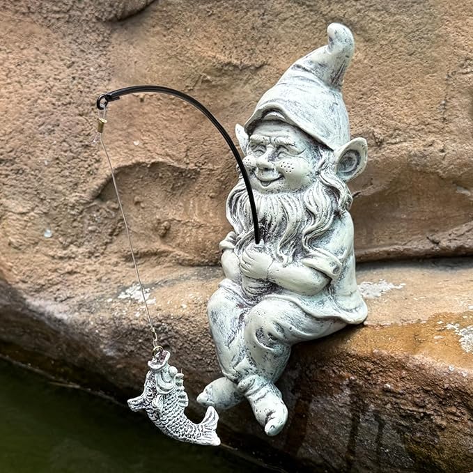 GARDEN WHISPER Gnome Statue Outdoor Garden Pond Koi Decoration, Fishing Gnome Sculpture Garden Koi Pond or Waterfall Decor, 9.7" Dwarf Fishing Poolside Statue, Great Gifts for Mom (Cartoon Style)