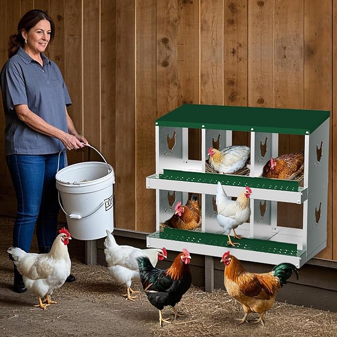 Chicken Nesting Boxes,6 Compartments Galvanized Steel Metal Laying Boxes,Pull-Out Egg Box Easy Egg Collection & Clean,Wall Mount Suitable for Farm Chicken House,Green