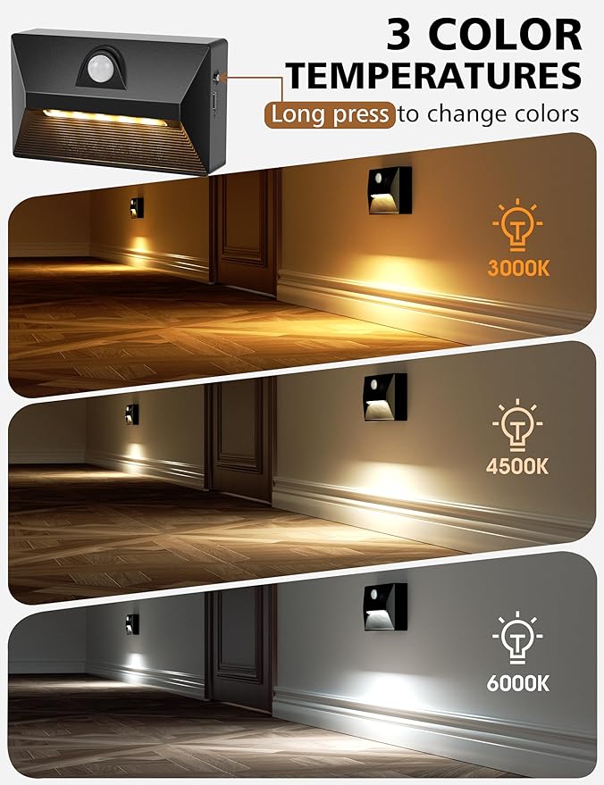 NIORSUN Motion Sensor Night Light, Rechargeable Stair Lights Indoor, 3 Colors