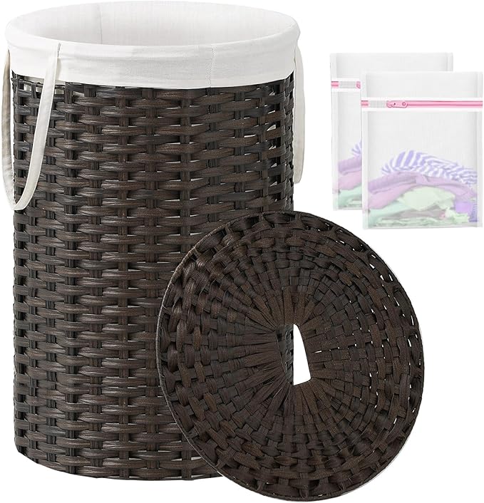 Large Laundry Hamper Laundry Basket Round 34.3 Gal (130 L) Handwoven Wicker Laundry Baskets Rattan Laundry Basket with Laundry Bag Handles 2 Mesh Bags for Living Room Bedroom Brown