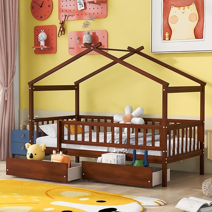 Twin House Bed with 2 Storage Drawers, Kids Twin Bed Frame with Rails and Roof, Tent Bed, Wooden Twin Daybed, Twin Montessori Bed for Kids Teens Girls & Boys, No Box Spring Needed (Walnut)