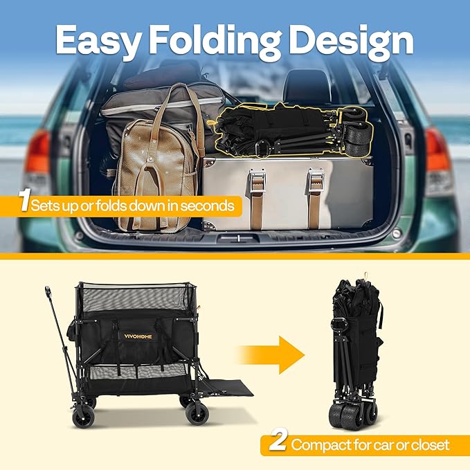 VIVOHOME 500L Large Capacity Double Decker Collapsible Wagon 500lbs Heavy Duty Utility Folding Cart with Big Wheels 53" Extended for Camping, Sports