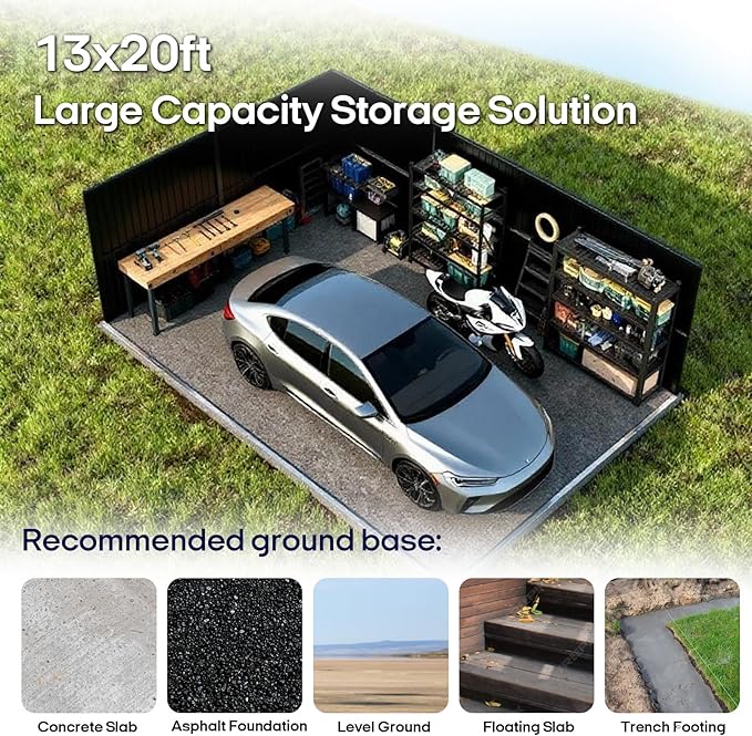 Metal Garage Shed 13x20 FT, Sheds & Outdoor Storage Clearance, Outdoor Storage Shed for Car, Truck, Bike, Lawnmower, Backyard Tool House, Boasting 2 Windows and 2 Translucent Panels