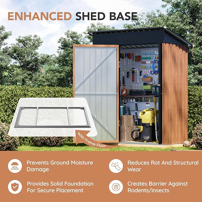 5x3 Ft Storage Shed, Outdoor Metal Shed with Floor Base& Lock, Small Lean to Shed, Compact Vertical Outside Bike Tiny House for Garden, Backyard, Patio, Tool