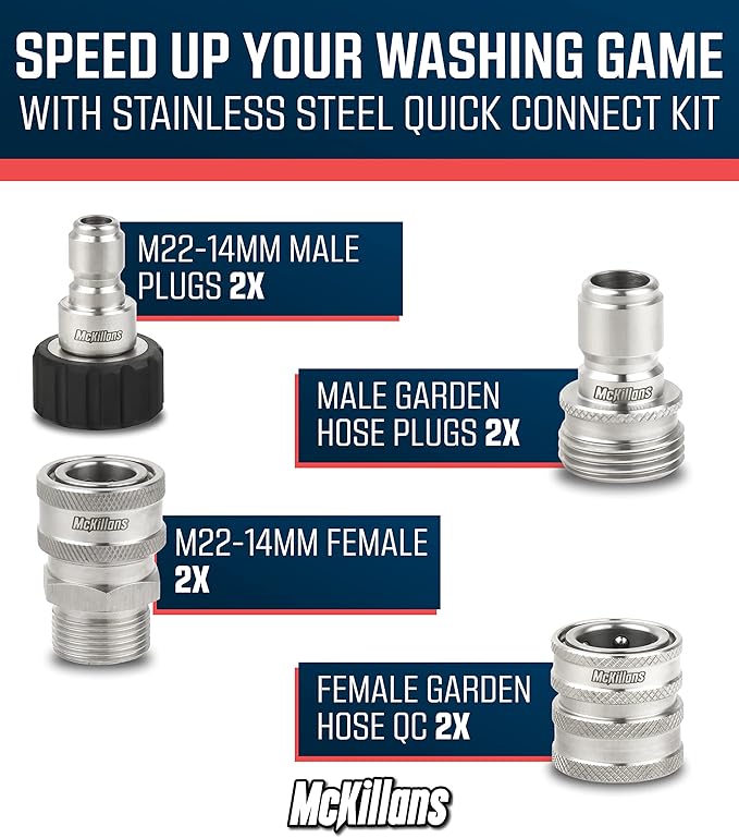 McKillans® M22-14mm Pressure Washer Quick Connect Kit, M22-14mm to 3/8" Male Female Quick Disconnect Kit for Power Washer (Stainless Steel)