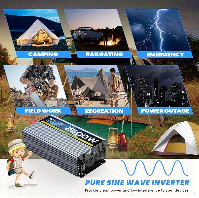 48V 2500W Pure Sine Wave Inverter 48V DC to 110V/120V AC Converter with 4AC Outlets, 5V/3.4A USB, Remote Control with on-Screen Display, Off-Grid Solar Power Inverter for Truck, Home, Vehicles, RV