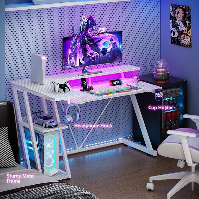 47 Inch White Gaming Desk with Power Outlet & LED Lights, Corner Computer Desk with 3 Tiers Storage Shelves, L Shaped Gaming Desk with Monitor Stand for Bedroom