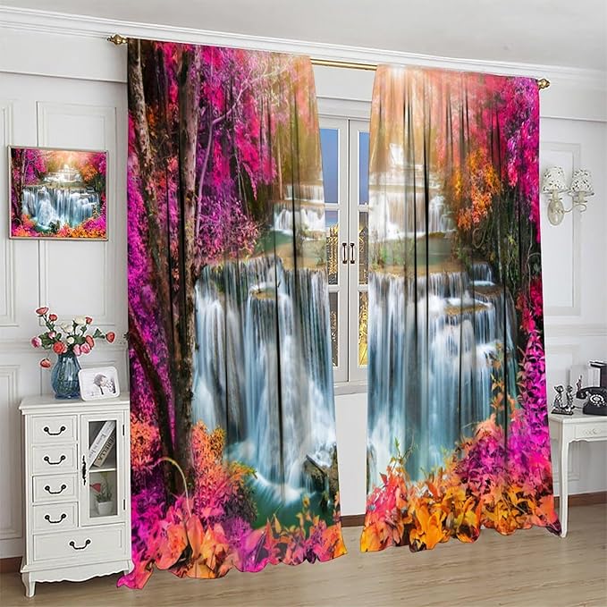 Waterfall Blackout Window Curtains, Nature Landscape Fores Theme Rod Pocket Window Drapes, for Living Room Bedroom 52" W X 84" L