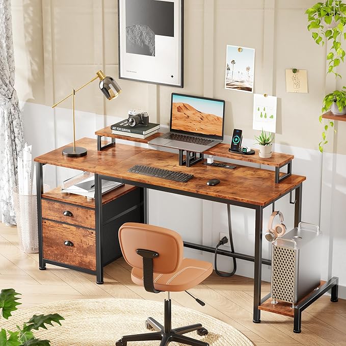 Furologee 55" Computer Desk with File Cabinet and Power Outlets, Home Office Desk with 2 Movable Monitor Stands and Storage Drawer, Writing Table with Shelves and 2 Hooks for Bedroom, Rustic Brown