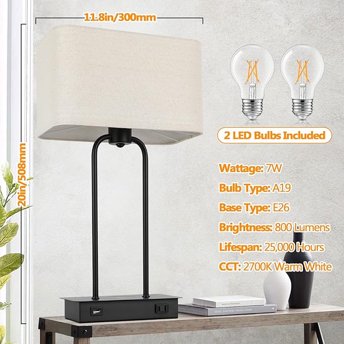 Set of 2 Wireless Charging Touch Control 3-Way Dimmable Table Lamps, Beside