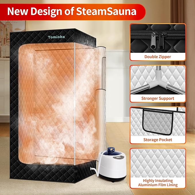 Tomioka Sauna Box,Portable Steam Sauna for Body Relaxation,Portable Personal SPA Steam Tent with 3L /1500W Steamer, 9 Levels Temp Control,Indoor,Outdoor (Black)