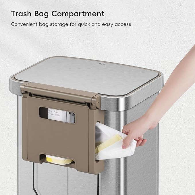 EKO Hudson Matte Stainless 50 Liter/13.2 Gallon Step Trash Can with Rear Trash Bag Storage Compartment