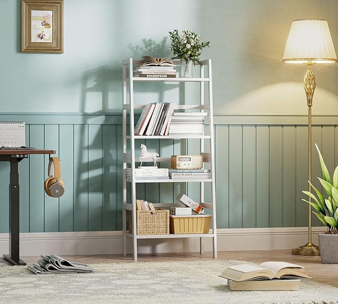 HITNET White Ladder Bookshelf, Leaning Bookcase, 4-Tier Bamboo Shelf, Floor Standing Storage Shelving Unit, Open Display Book Shelves