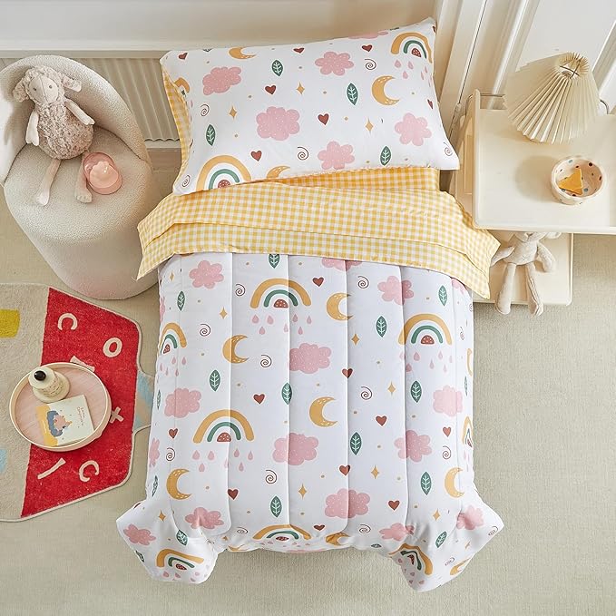 Joyreap 4 Piece Toddler Bedding Set for Girls- Pink n Yellow Clouds Moon Rainbow Lovely Design, Microfiber Toddler Bedding Comforter Set for All Seasons