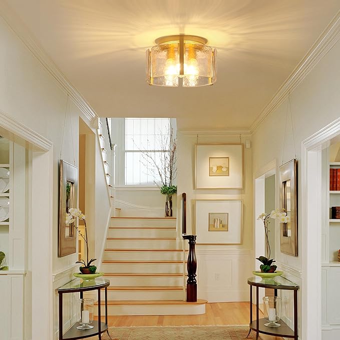 Gold Semi Flush Mount Flush Mount Ceiling Light, 3-Light Drum Glass Ceiling