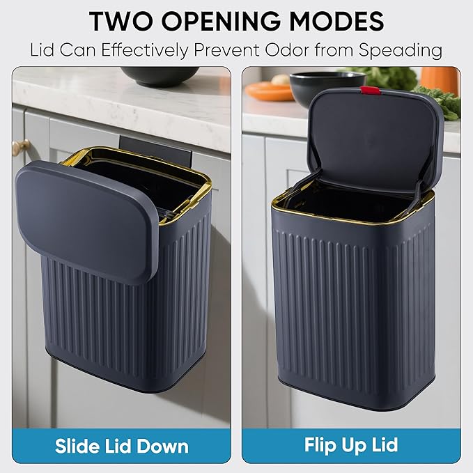 2.11Gallon 8L Carbon Steel Trash Can Door Compost Bin Wall Mounted 2 Ways Sliding Lid Compost Bin Countertop Kitchen Hanging Cabinet Door Trash Bin Metal Garbage Bin Cubo de Basura Grey