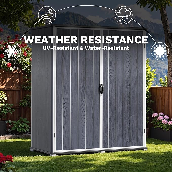 Devoko 5 x 3 Resin Outdoor Storage Shed with Floor - Waterproof Plastic Outdoor Tool Cabinet with Lockable Doors for Patio Furniture, Pool Accessories, Garden Tools (Deep Gray)