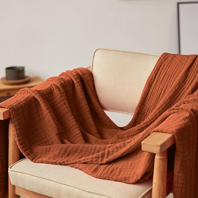 Simple&Opulence Cotton Muslin Throw Blanket for Bed, Couch, Knit Woven Gauze Blanket with Tassels, Soft Lightweight Cozy Pre-Washed Breathable Farmhouse Decoration for All-Season (Rust Orange)