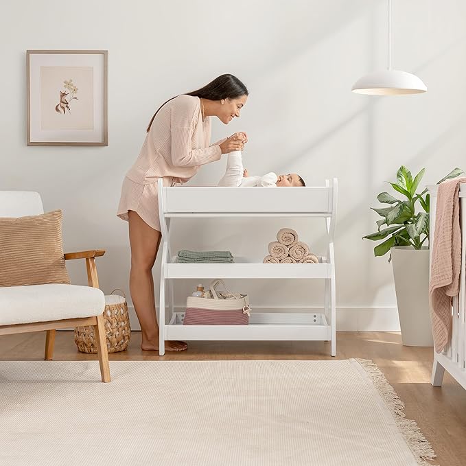 Comfy Cubs Baby Changing Table - Sturdy Wood Construction, Timeless Look Baby Change Table with Two Open Shelves for Infant Daycare Essentials Storage - White