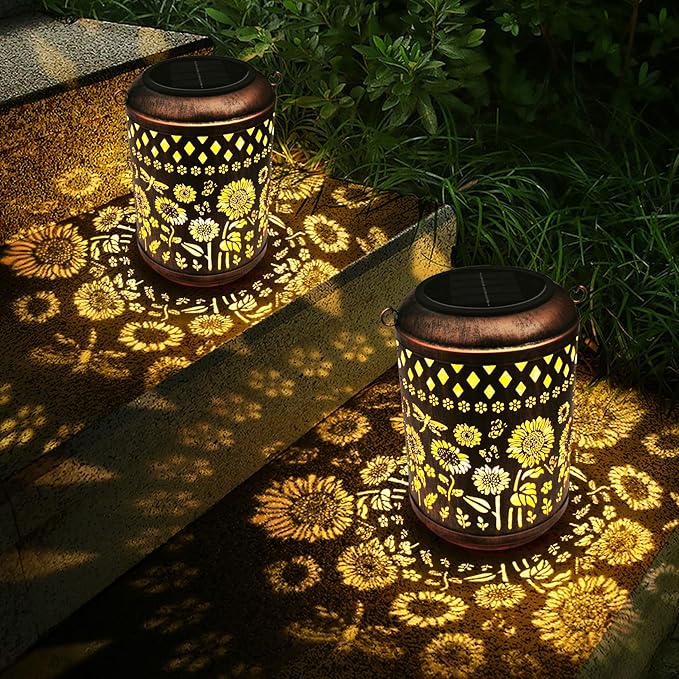 Kaixoxin 2 Pack Solar Garden Decor Metal Lantern Sunflower Table Lamp Bronze