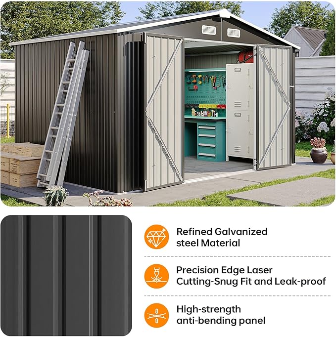 10x8 FT Metal Outdoor Storage Shed, Dual Doors with Lockable Bolts, Large Garden Shed for Yard Tools, Bike, Generator, Waterproof Galvanized Steel Panel with Vent & Sloping Roof