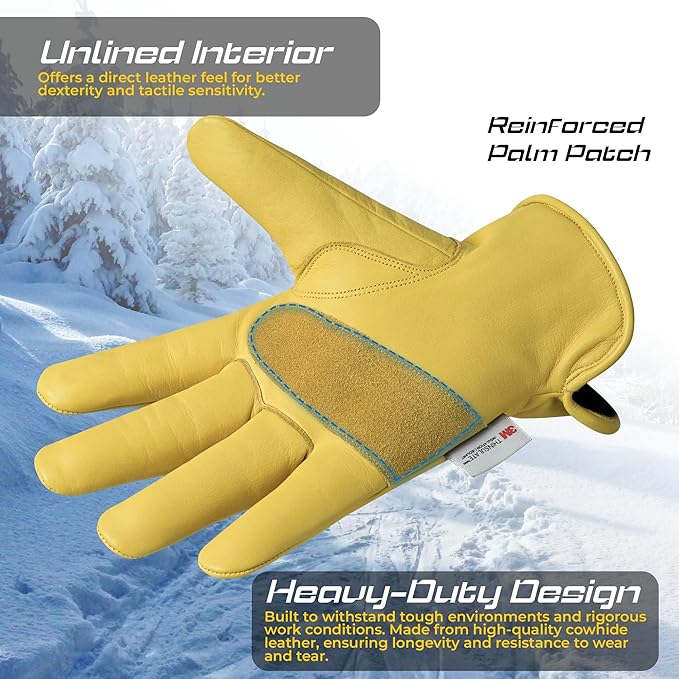 1 Pair Winter Heavy Duty Leather Work Gloves for Men & Women – Water-Resistance, Cowhide Construction & Yard Leather Gloves – Puncture Resistant Safety Gloves for Landscaping & Outdoor Use (XS)