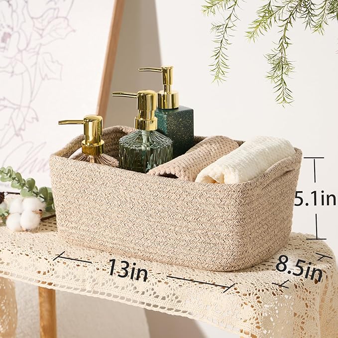 Small Storage Baskets for Organizing | Closet Organizer Bins | Shelf Toy Basket | Woven Rope Baskets | Cube Decorative Box | Shallow Basket | 13x8.5x5.1” | 3 Packs Mixed Brown