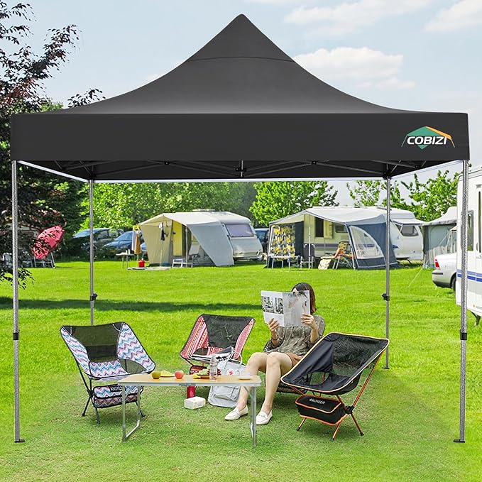 COBIZI 10x10 Pop Up Canopy Without Sidewall,Heavy Duty Canopy UPF 50+ All Season Wind Waterproof Commercial Outdoor Wedding Party Tents for Parties Canopy Gazebo with Carry Bag(10 x 10 ft Black)