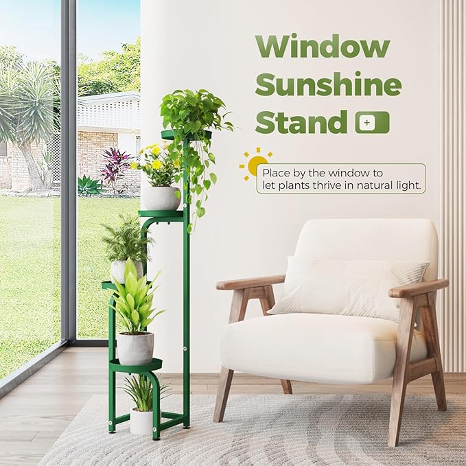 Bamworld Corner Plant Stand Indoor Outdoor, Tall Metal Flower Pot Stands for Multiple Plants, 4 Tier Green Heavy Duty Plant Shelf for Patio Garden Balcony Living Room Bedroom(Patent Design)