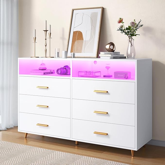EnHomee White Dresser with LED Lights, 6 Drawers & 2 Open Shelves Top Dresser for Bedroom, Wood Chests of Drawers