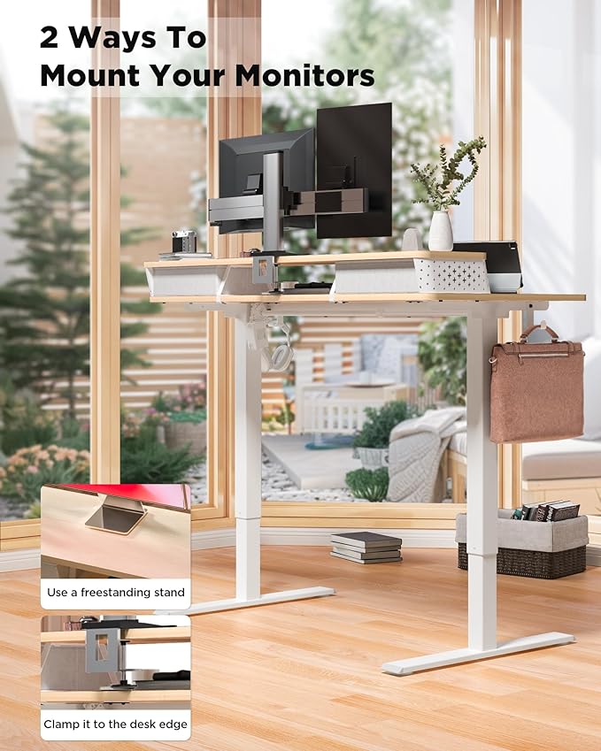 35x20 Inch Standing Desk with Double Drawers, C-Clamp Mount Compatible, Electric Adjustable Height Computer Stand Up Desks, Home Office Sit Stand Table with 3 Preset Heights & 2 Hooks, Natural