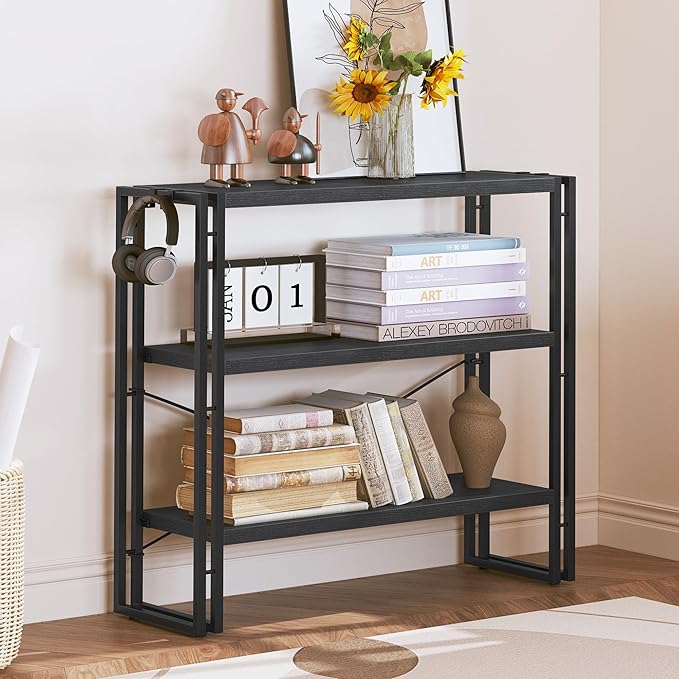 HCHQHS Bookshelf, 3-Tier Industrial Bookcase, Black Open Book Shelf, Freestanding Horizontal Bookshelves with Metal Frame
