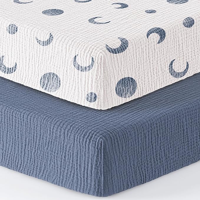 Bearmoss Muslin Mini Crib Sheets for Pack N Play Mattress - 100% Cotton - 38"x26" Soft Breathable Playard Baby Crib Sheets Neutral for Boys Girls - 2 Pack (Blue Crescent)