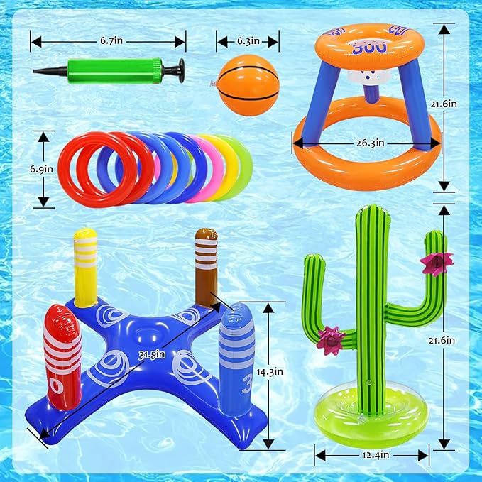 Pool Toys Games Set,Pool Basketball Hoop Inflatable Cross Ring Toss Game and Inflatable Cactus Kids for Teens Adults and Family (3 Set Water Toys)